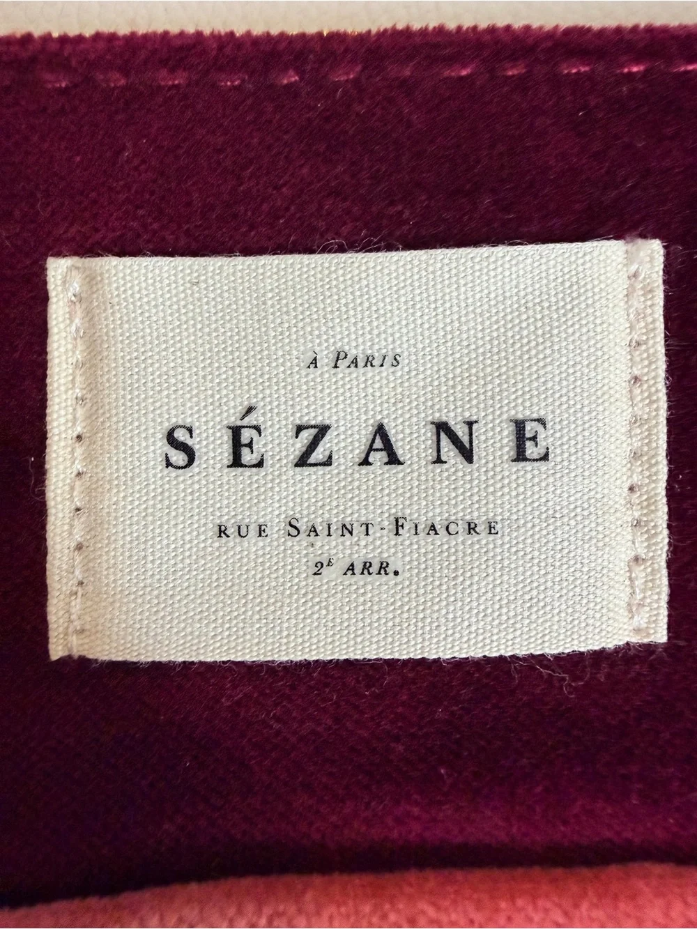 NWT Sézane Burgundy Cotton Velvet Zip Flat Pouch Makeup Bag with Pink Trim